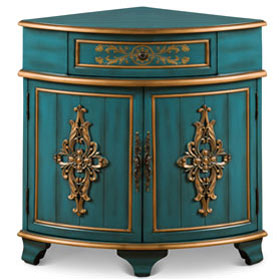 Aquamarine Blue and Gold French Style Asian Round Corner Cabinet