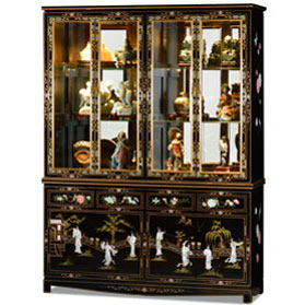 Black Lacquer Oriental China Cabinet with Mother of Pearl Maidens