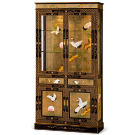 Hand Painted Gold Leaf  Crane Motif Asian China Cabinet