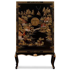 Black Victorian Style Chinoiserie Chinese Scenery Motif Armoire