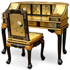 Gold Leaf Crane Harpsichord Style Oriental Desk Set