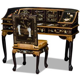 Black Lacquer Mother of Pearl Motif Harpsichord Style Oriental Desk Set