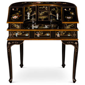 Black Lacquer Mother of Pearl Motif Harpsichord Style Oriental Desk
