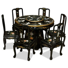 Black Lacquer Mother of Pearl Round Oriental Dining Set with 6 Chairs