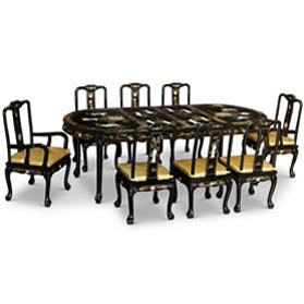 Black Lacquer Mother of Pearl Oval Oriental Dining Set - with FREE Inside Delivery