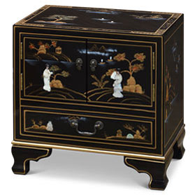 Black Lacquer Chinoiserie with Mother of Pearl Oriental Accent Cabinet