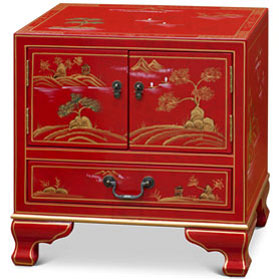 Hand Painted Chinoiseries Scenery Motif Oriental Accent Cabinet