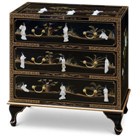 Black Lacquer Mother of Pearl Asian Nightstand