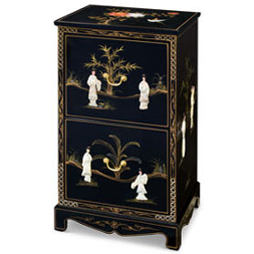 Black Lacquer Mother of Pearl 2 Drawer Oriental File Cabinet