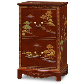 Red Lacquer Chinoiserie Scenery Motif 2 Drawer Oriental File Cabinet