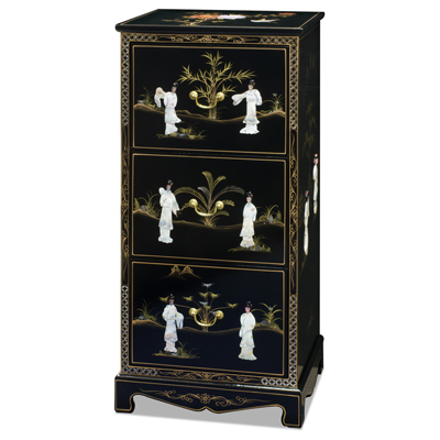 Black Lacquer Mother of Pearl 3 Drawer Oriental File Cabinet