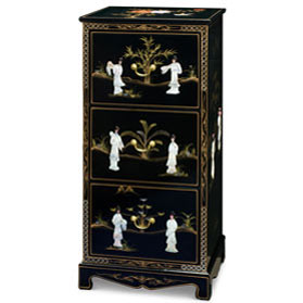 Black Lacquer Mother of Pearl 3 Drawer Oriental File Cabinet