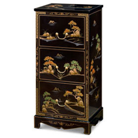 Black Lacquer Chinoiserie Scenery Motif 3 Drawer Oriental File Cabinet