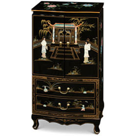 Black Lacquer Mother of Pearl Chinese Jewelry Armoire