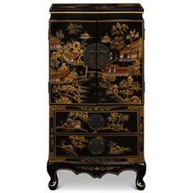 Matte Black Chinoiserie Court Yard Chinese Jewelry Armoire