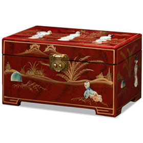 Red Lacquer Mother of Pearl Chinese Jewelry Box