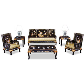 Black Lacquer Mother of Pearl Oriental Living Room Set (6pcs)