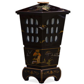 Black Lacquer Chinoiserie Scenery Oriental Pagoda Lantern