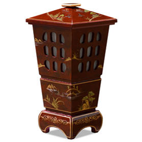 Red Lacquer Chinoiserie Scenery Oriental Pagoda Lantern