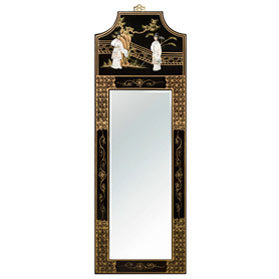 Black Lacquer Mother of Pearl Panel Oriental Mirror