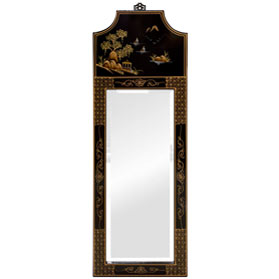 Black Lacquer Chinoiserie Scenery Motif Panel Oriental Mirror