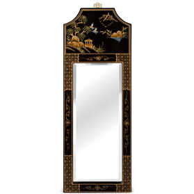 Black Lacquer Chinoiserie Scenery Motif Panel Oriental Mirror