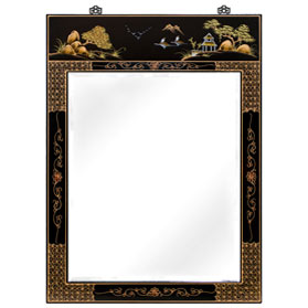 Black Lacquer Chinoiserie Scenery Motif Oriental Vertical Mirror