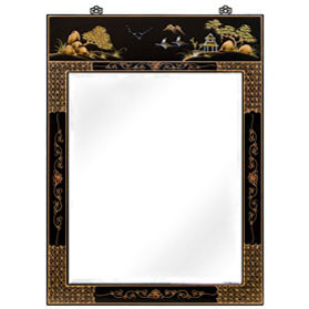 Black Lacquer Chinoiserie Scenery Motif Oriental Vertical Mirror