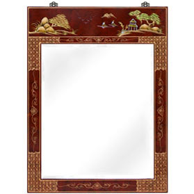 Red Lacquer Chinoiserie Scenery Motif Oriental Vertical Mirror