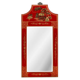 Red Chinoiserie Scenery Motif Panel Vanity Oriental Mirror