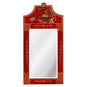 Red Chinoiserie Scenery Motif Panel Vanity Oriental Mirror