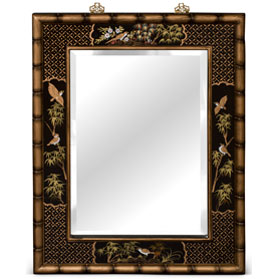 22in Hand Painted Bird and Flower with Bamboo Motif Asian Vertical Mirror