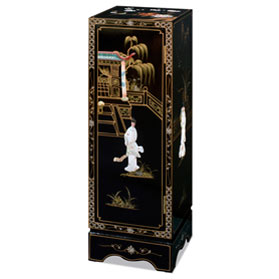 Black Lacquer Mother of Pearl Chinese Pedestal Cabinet