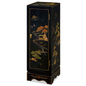 Black Lacquer Chinoiserie Chinese Pedestal Cabinet