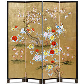 Gold Leaf Bird and Flower Asian Floor Screen