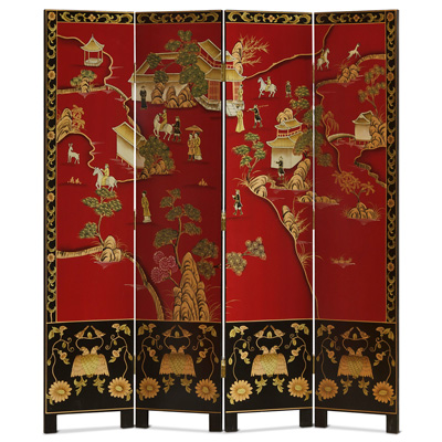 18th Century Chinoiserie Scenery Oriental Red Floor Screen with Courtyard Scene