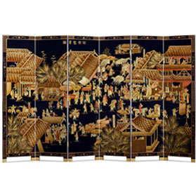 Chinoiserie Scenery 6 Panel Oriental Floor Screen with Spring Festival Scene