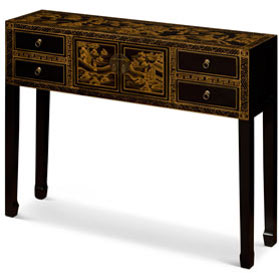 Hand Painted Chinoiserie Gold Scenery Chinese Black Elmwood Console Table