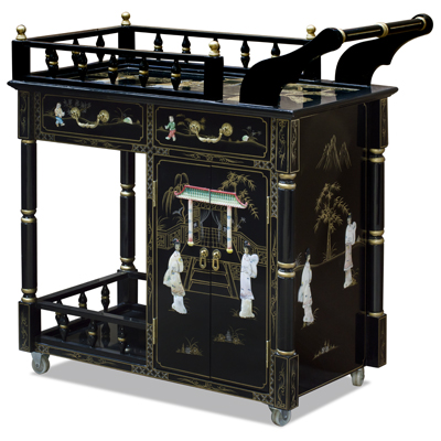 Black Lacquer Mother of Pearl Chinese Tea Cart