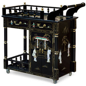 Black Lacquer Mother of Pearl Chinese Tea Cart