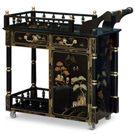 Black Lacquer Chinoiserie Scenery Chinese Tea Cart