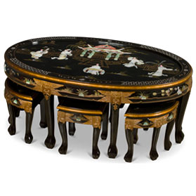 Black Lacquer Mother of Pearl Oval Coffee Table Set