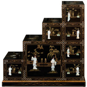 Black Lacquer Mother of Pearl Motif Japanese Step Tansu Cabinet