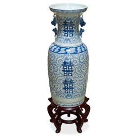 Blue and White Vintage Qing Double Happiness Chinese Vase