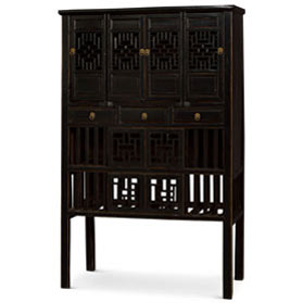 Antique Black Elmwood Chinese Lattice Kitchen Cabinet