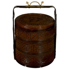 Vintage Three Tiered Round Chinese Woven Rattan Lunchbox