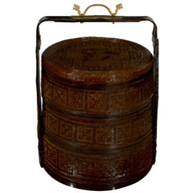 Vintage Three Tiered Round Chinese Woven Rattan Lunchbox