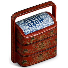 Vintage Chinese Red Lacquer Tiered Lunch Box with Blue and White Double Happiness Motif Porcelain Lid