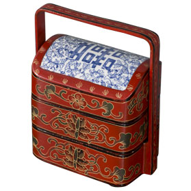 Vintage Chinese Red Lacquer Tiered Lunch Box with Blue and White Double Happiness Motif Porcelain Lid