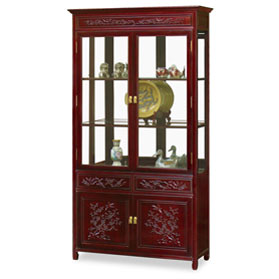 Dark Cherry Rosewood Flower and Bird Design Oriental China Cabinet